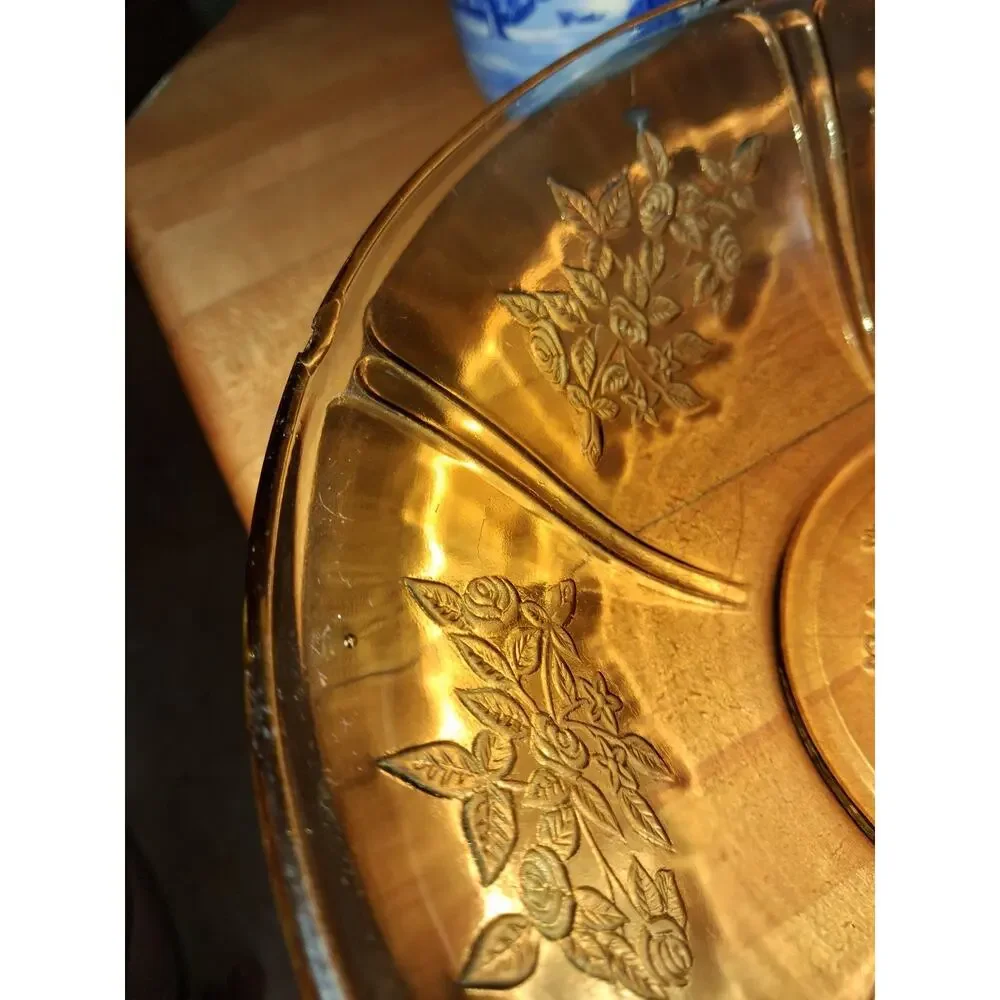 VTG Federal Glass Sharon Cabbage Rose Yellow Amber Salad Serving Bowl 8.5”
